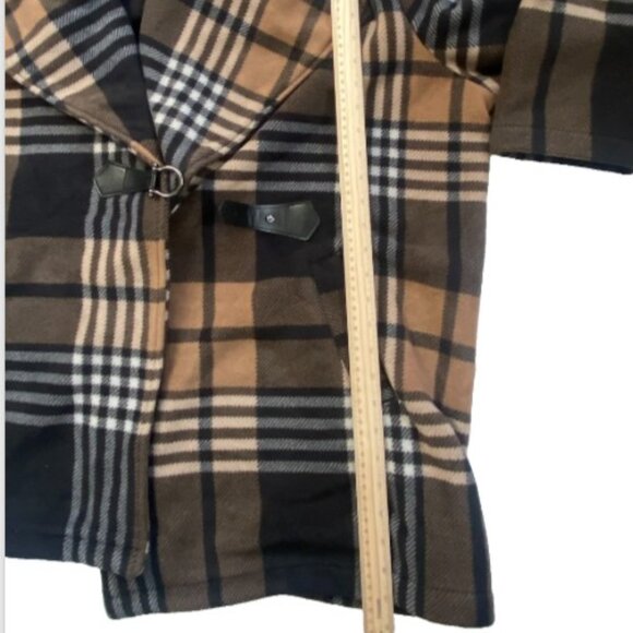 Ellen Reyes Woman Wrap Style Coat Black Tan Cream Plaid Collared Fleece L - Picture 12 of 16